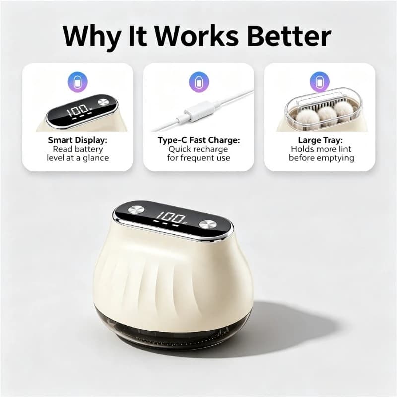 Large Battery Powered Clothes Fuzz Remover Intelligent Power Display 6-Blade Floating Head Portable Fabric Shaver