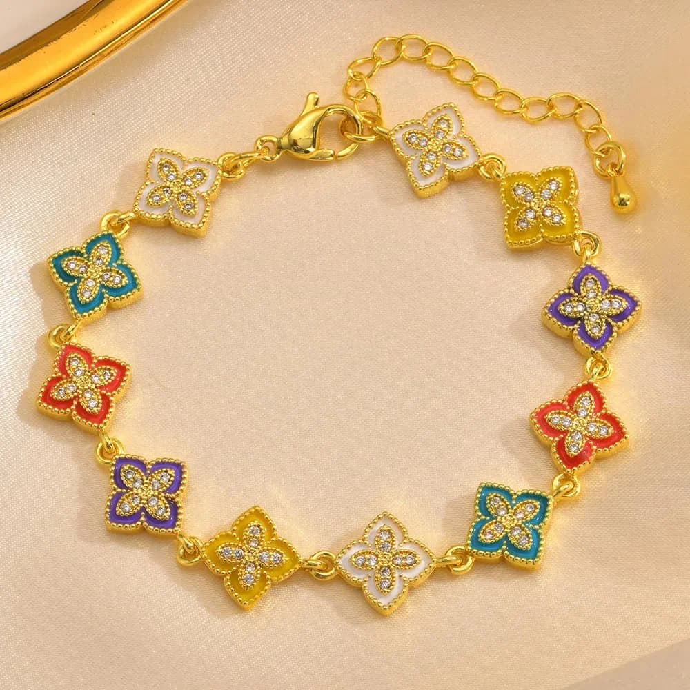 Bracciale elegante in materiale di rame con quadrifoglio per donna, braccialetto con fiore in zirconi, regalo fortunato, amicizia, sorella