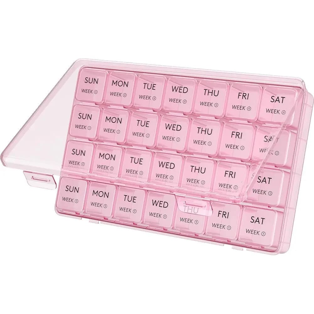 Organizzatore di Pillole per 4 Settimane e 28 Giorni con 28 Scomparti per Vitamine, Integratori e Medicinali in Rosa