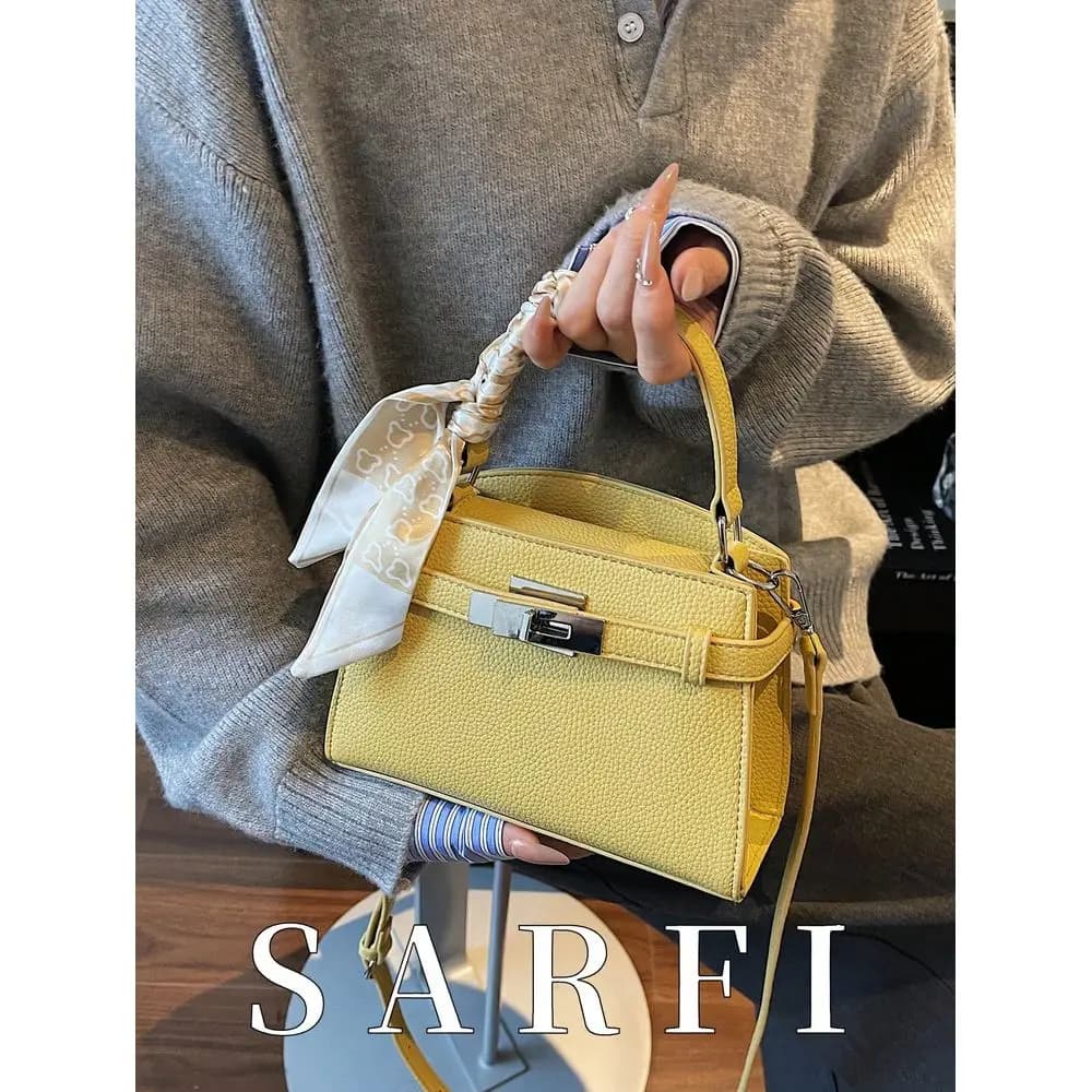 Elegant Silk ScarfDecorated Womens Handbag Modern Style Exquisite Hardware Buckle Design Shoulder Bag, Yellow