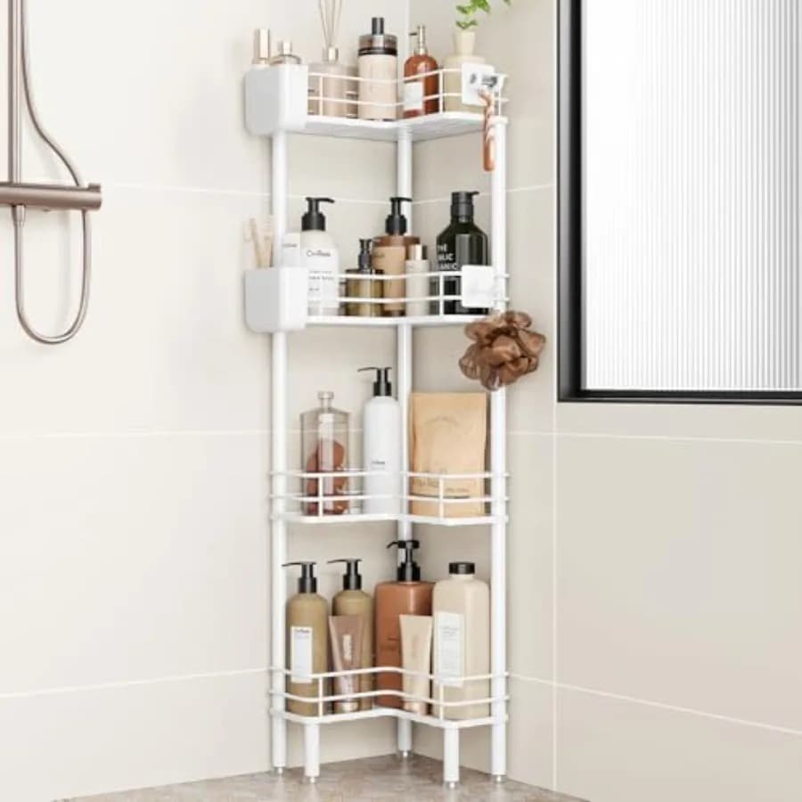 Organizzatore angolare da doccia a pavimento antiruggine con porta spazzolino, scaffale portaoggetti da doccia a pavimento con ampio spazio