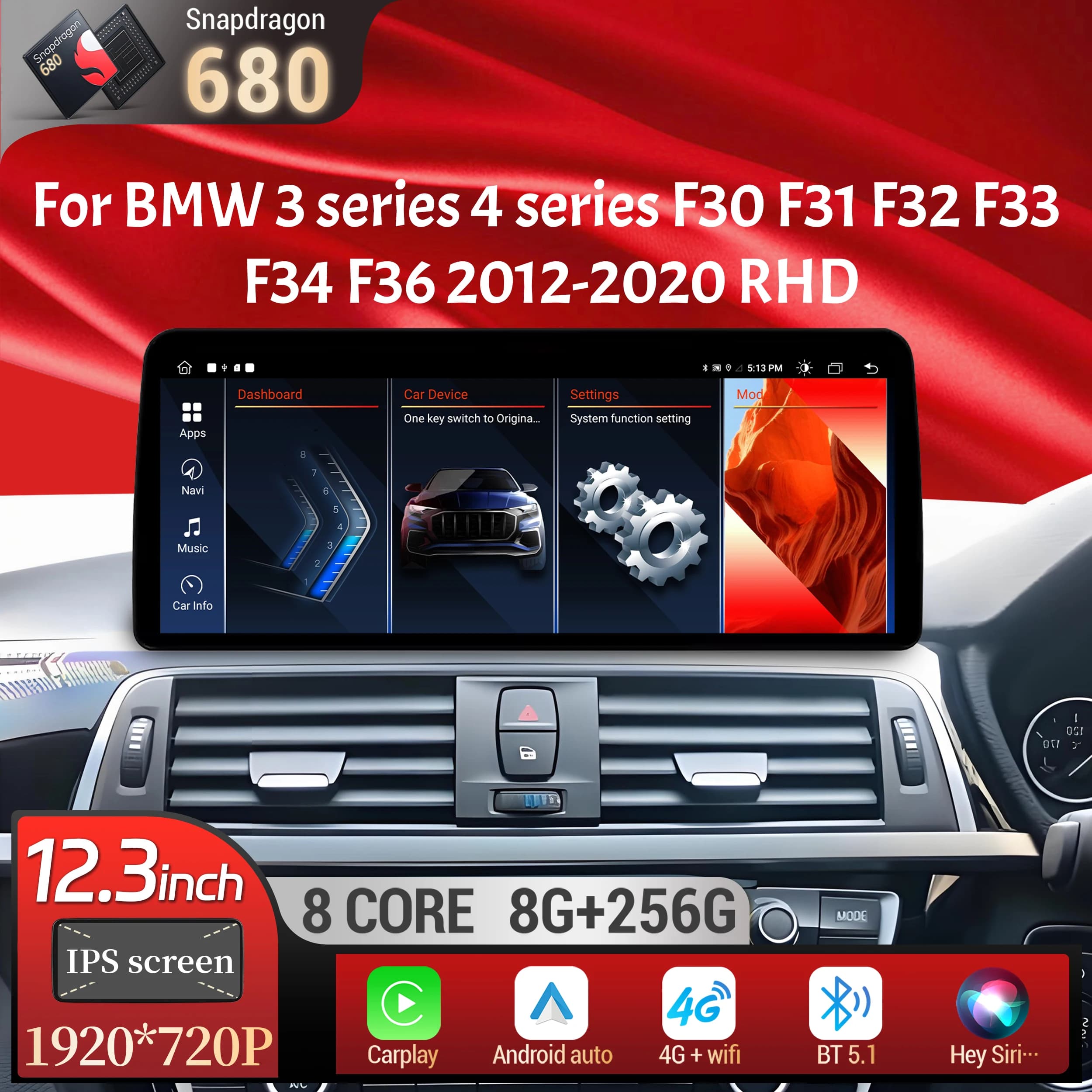 12.3 pollici RHD Android 13 Per BMW 3 serie 4 serie F30 F31 F32 F33 F34 F36 2012-2020 Autoradio BT Carplay Snapdragon 680 Schermo