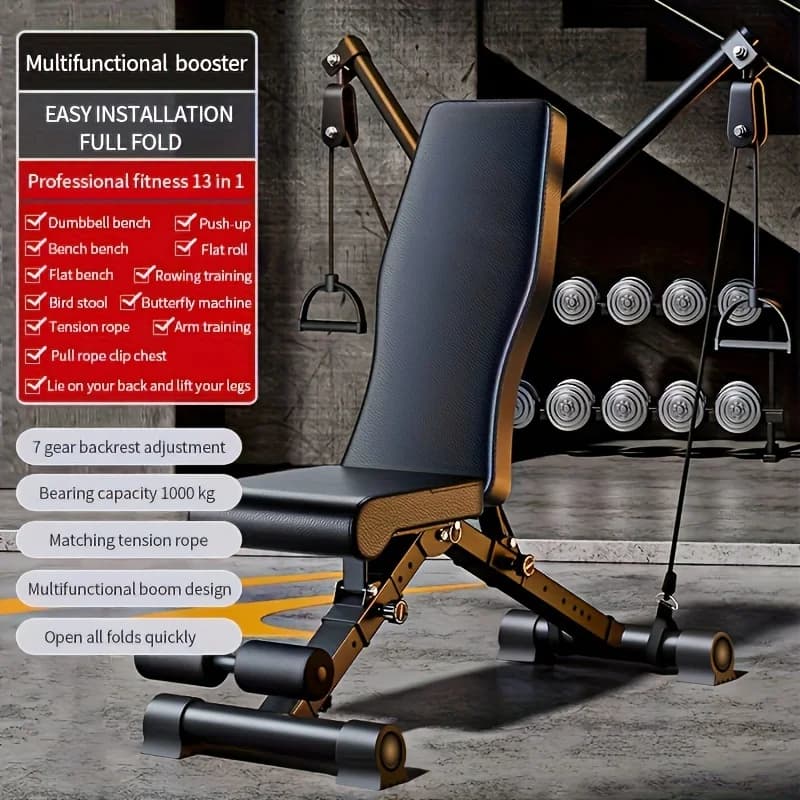 Panca pesistica versatile per allenamenti completi, con design pieghevole per l'allenamento della forza, dotata di bande di resistenza per il fitness a casa, e caratteristiche avanzate per esercizi corporei, inclusi braccioli regolabili e corde di tensione.
