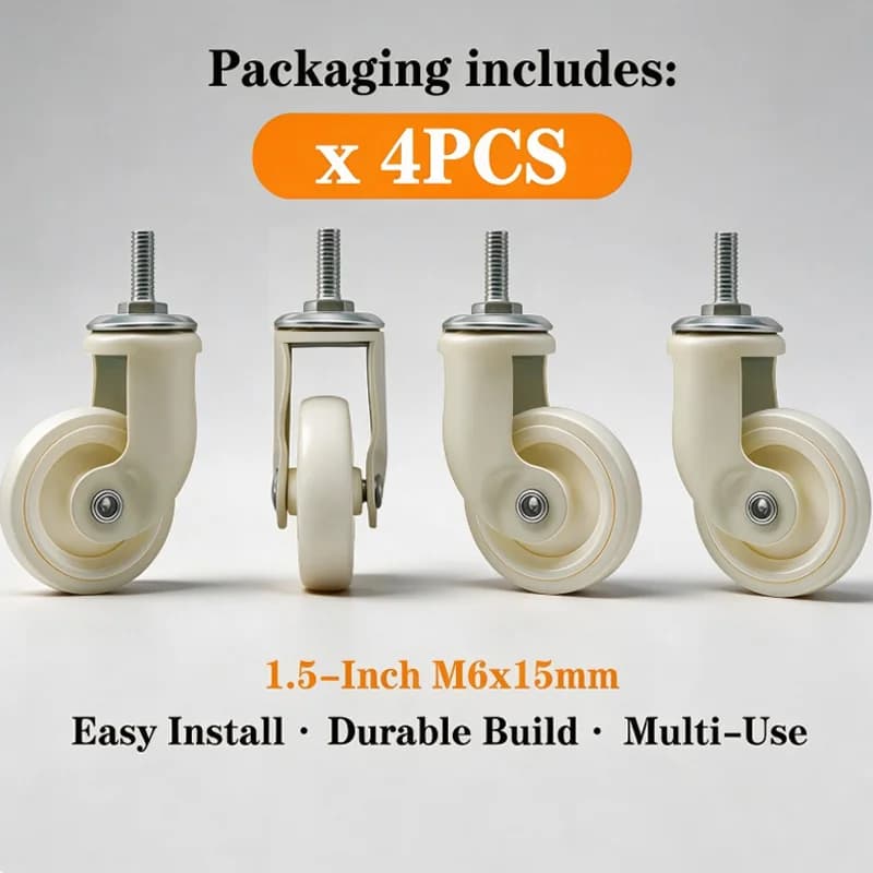 4 Packs 1.5-Inch M6 White Universal Furniture Caster Wheels Screw-On Trolley Rack Glides for Dining Table Furniture Pulley