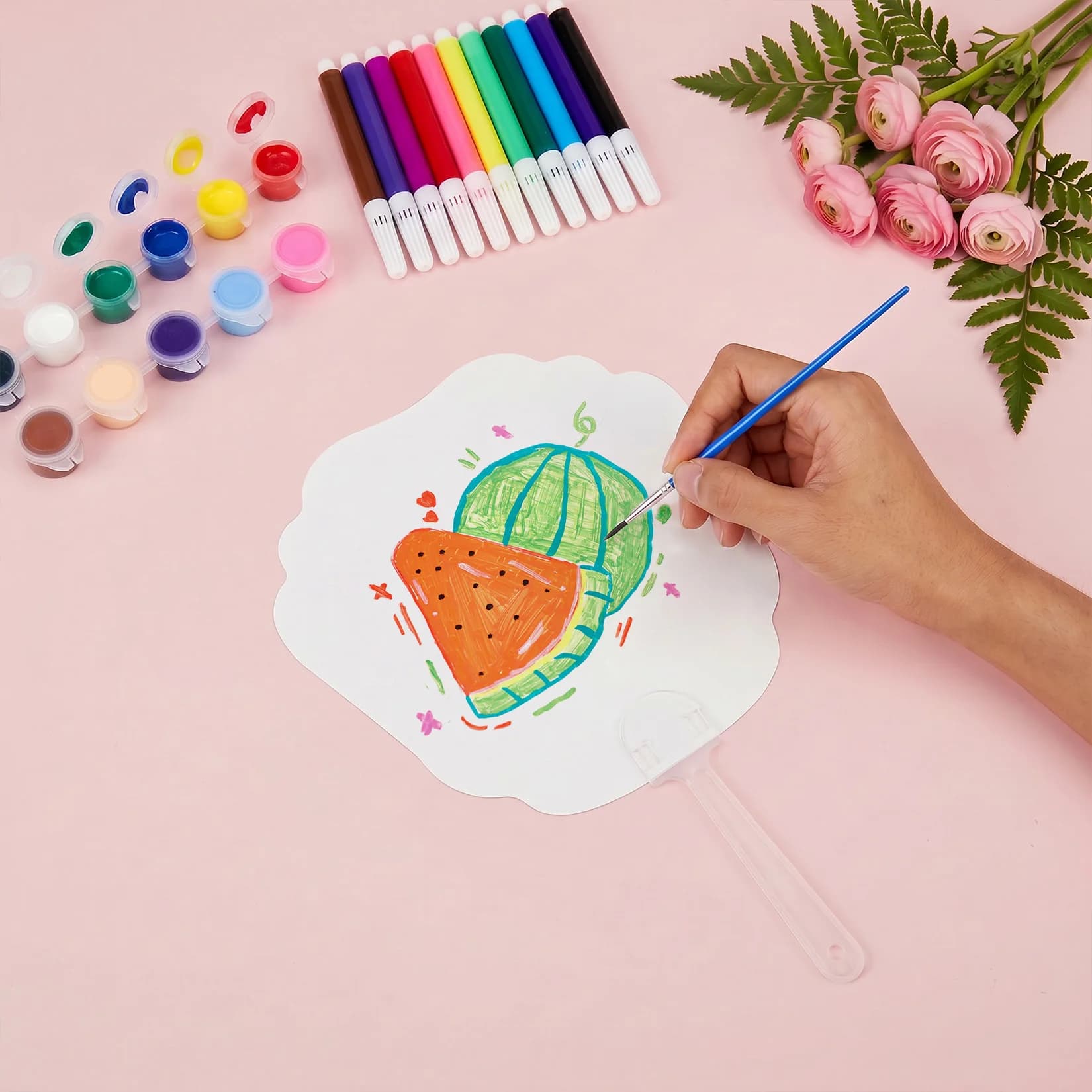 Customizable Blank Paper Fans Art Kit – 50 Sublimation Fans with 12 Acrylic Paints, Watercolor Pens & Brushes – Ideal for Kids & Adults, Church, Weddings, Party Art Projects – 50 Blank Fans