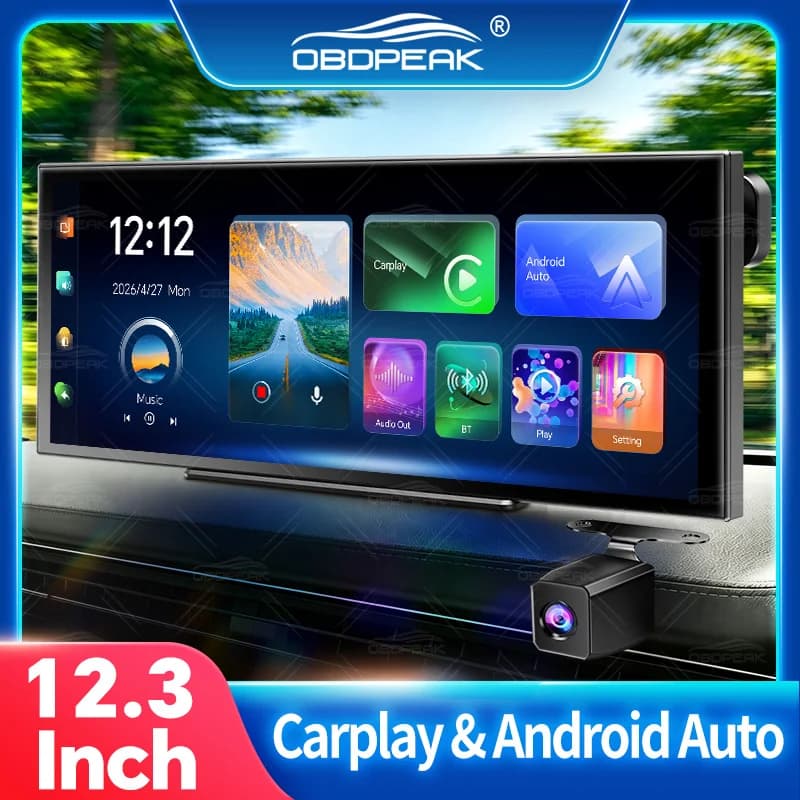 OBDPEAK 12.3" K9 MAX Car DVR 4K Dash Cam Wireless Carplay Android Auto GPS Navigation Rearview Video Record 5G WiFi Mirror Link
