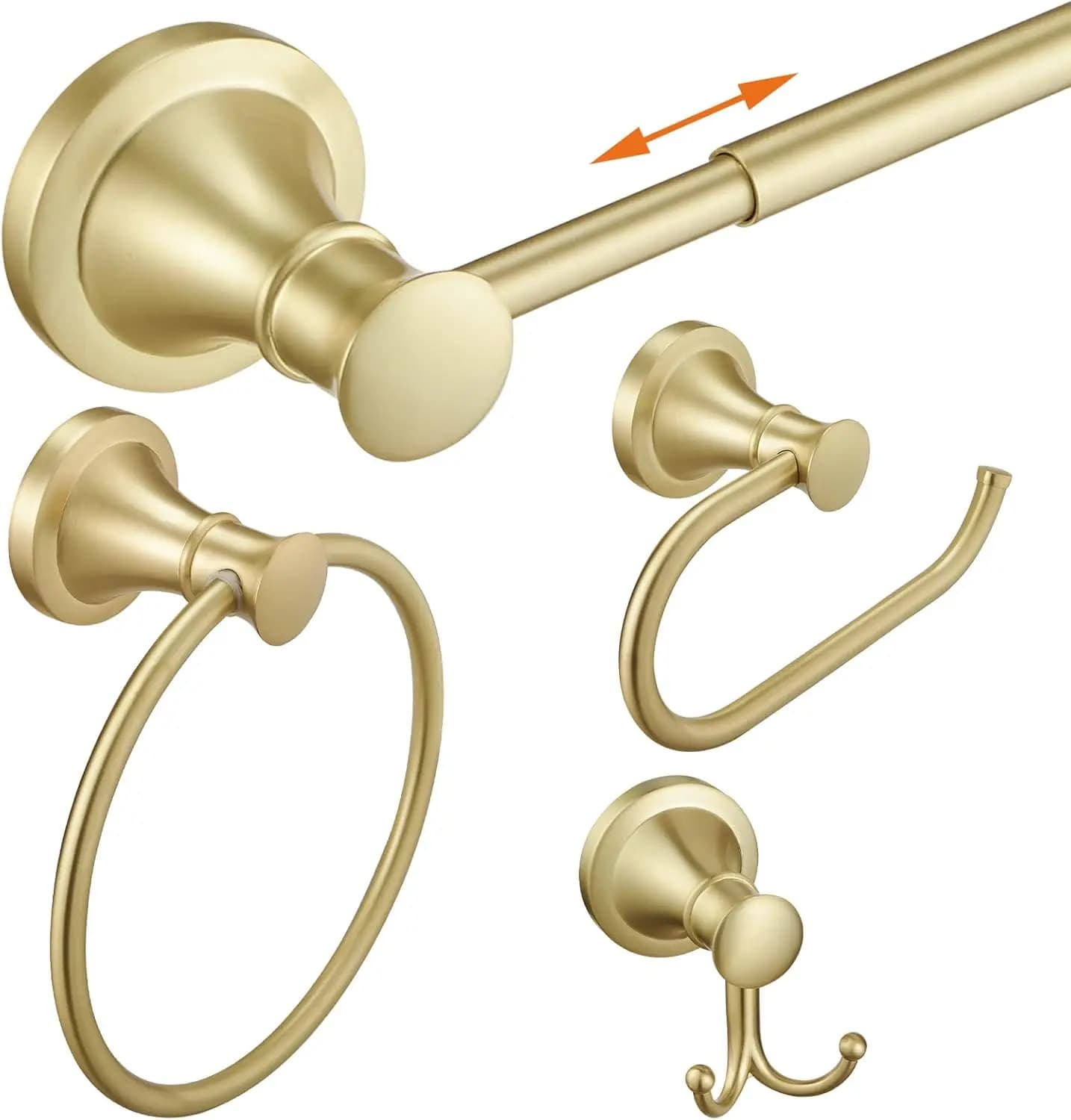 Brushed Gold 4-Piece Bathroom Accessories Set with Adjustable Towel Bar, Towel Ring, Toilet Paper Holder, Double Hook