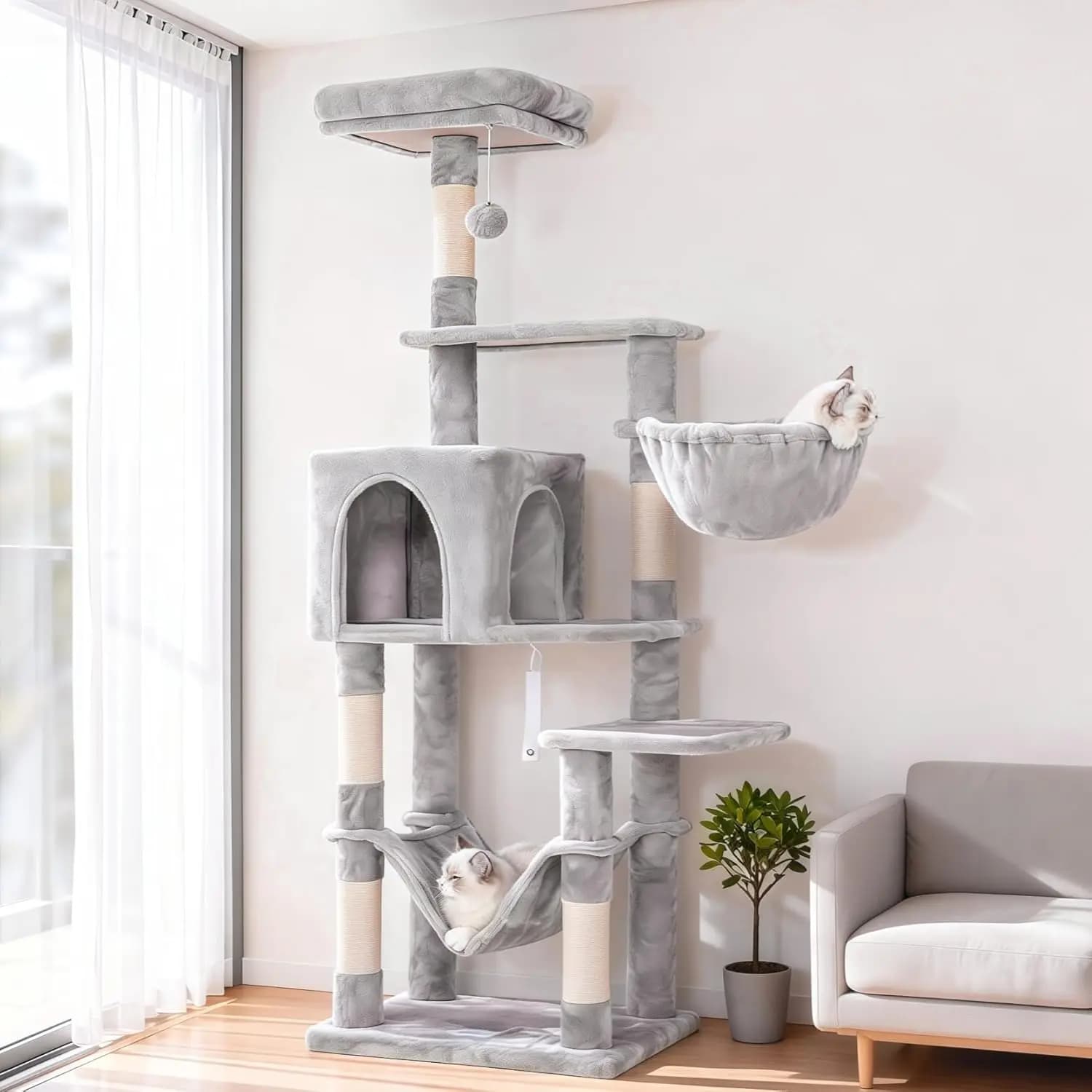 Torre per Gatti da Interno, in Sisal, Grigio Chiaro, con Grande Amaca, Tiragraffi Rivestiti in Sisal e Postazione Superiore