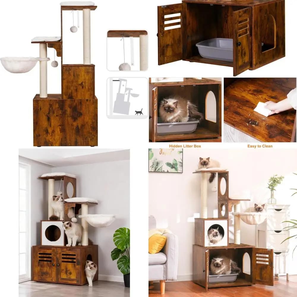 Albero per gatti moderno tutto in uno con contenitore per lettiera, stazione alimentare e amaca, marrone rustico HCT103SR