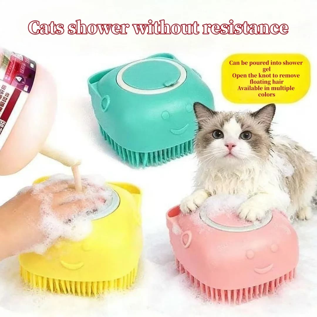 Dog bath brush, 2-in-1 dog grooming brush, built-in shampoo dispenser, gentle silicone bristles for bathing and massage, pink