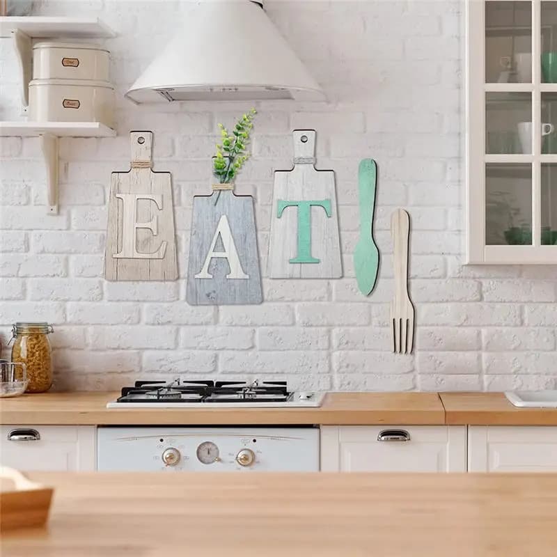 DT19 Wooden Eat Sign Cutting Board Set Fork and Spoon Wall Decor for Kitchen Dining Room Hanging Art