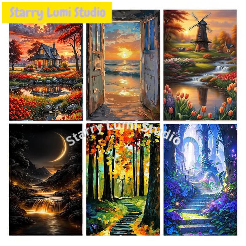 Set di pittura con diamanti 5D fai da te per San Valentino, con elementi di design di un paesaggio al tramonto, adatto per adulti e principianti.