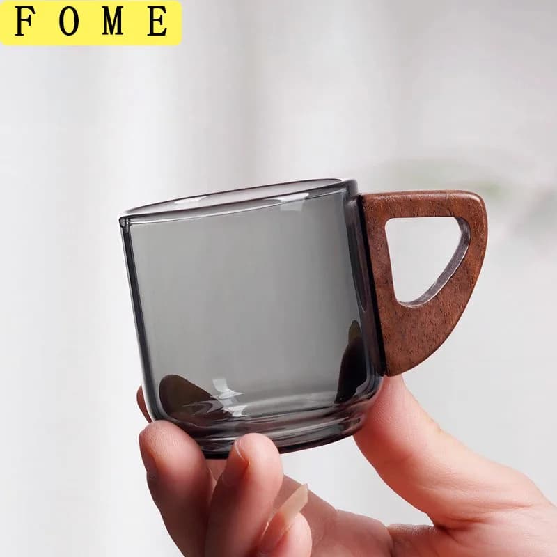 95ml Heat-Resistant Glass Mini Tea Cup With Walnut Handle Espresso Cup Set Kung Fu Tea Cup Glasses Brewing Mug Teaware 2/4/6pcs