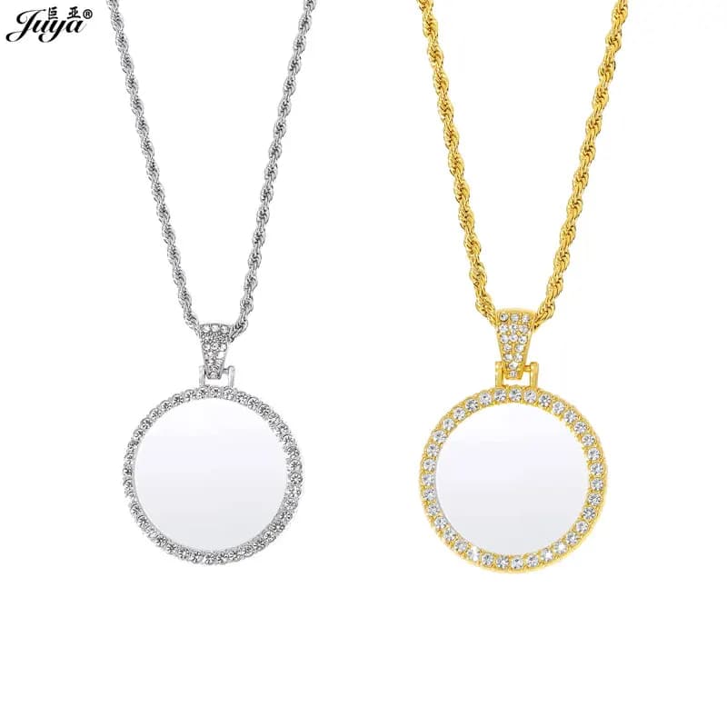 Catene in acciaio inossidabile da 60 cm + base cabochon con pendente a sublimazione da 25 mm con foglio di alluminio per la ricerca di gioielli a trasferimento di calore fai-da-te
