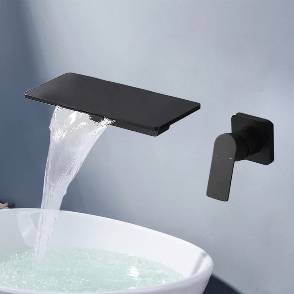 Concealed Wall Mount Waterfall Faucet Black, Single Handle Bathroom Mixer Tap with 11.8in Spout & 5.3in Outlet for Bathtub Sink