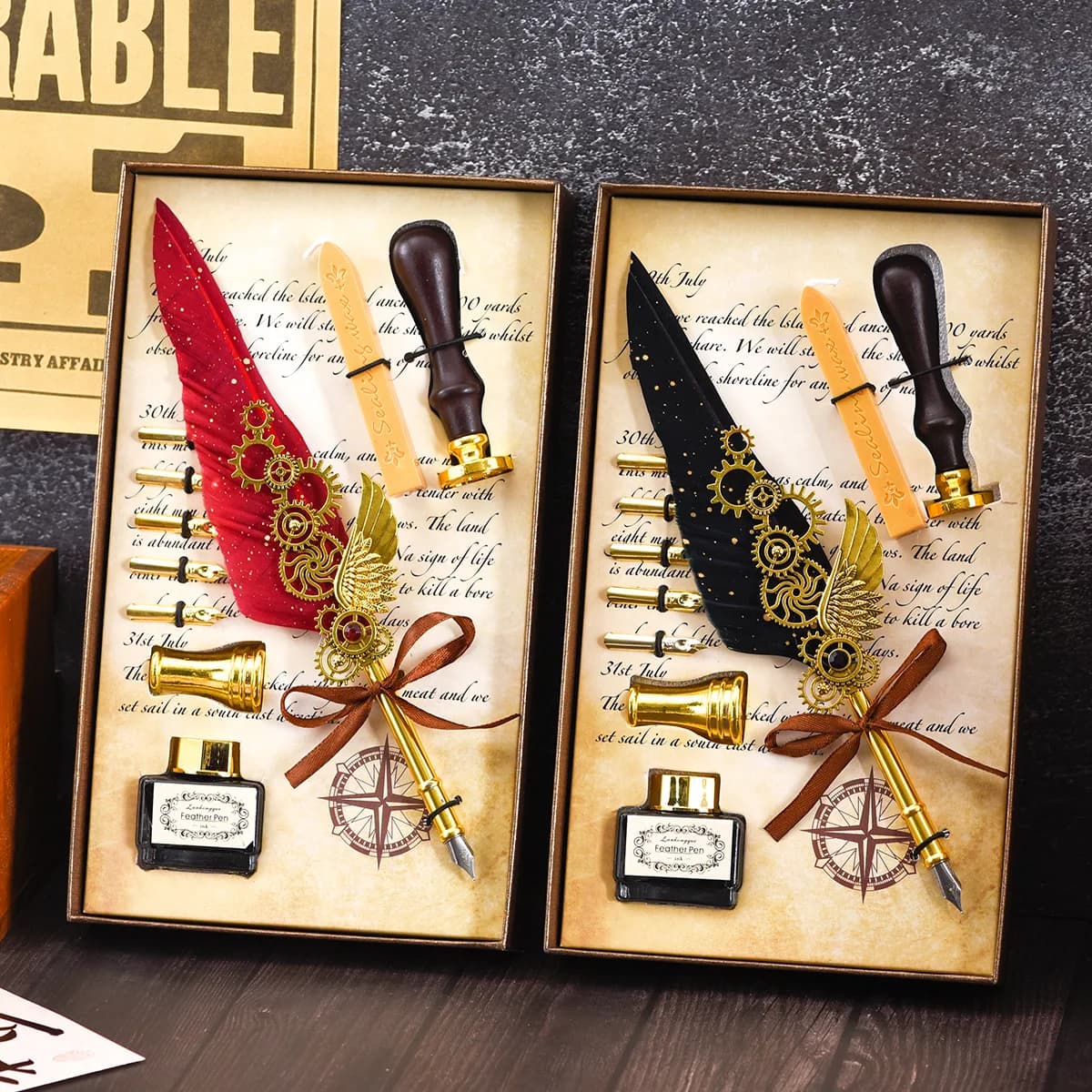 Machine Feather Dip Pen Set Feather Pen Gift Box Ink Fire Paint Wax Seal Stamp Replace 5 Pen Tips Artist Calligraphy Signature