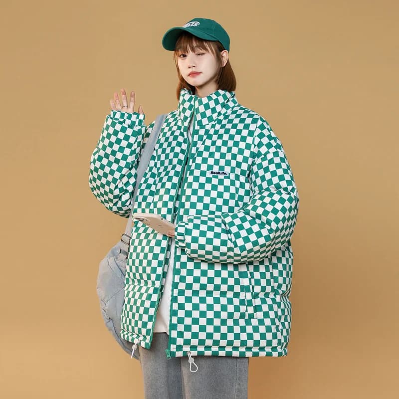 Thickened down Cotton Jacket Winter Outerwear Loose Fit Collar up Vintage Hong Kong Style Checkered Couples Coat Youth Casual