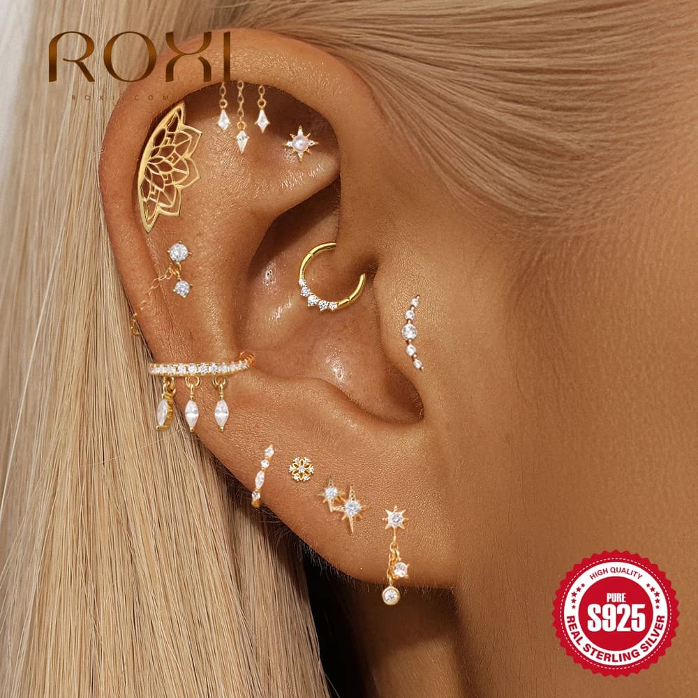 ROXI 1PC 925 Sterling Silver 1 pezzo lucido Hollow Lotus Piercing Orecchini con perno per donna Luce di lusso Alla moda Festa quotidiana