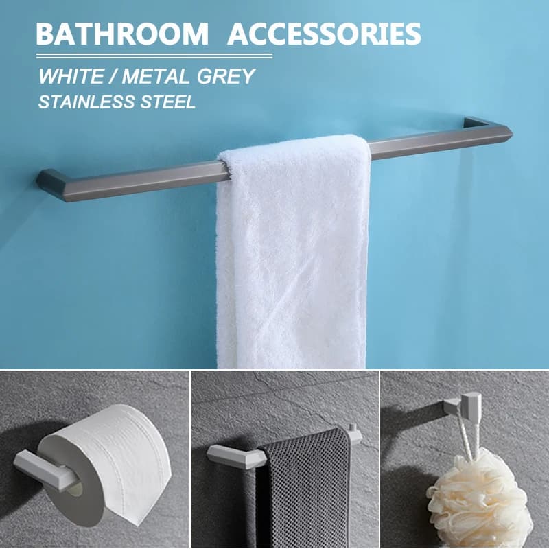 White Bathrobe Hook Bathroom Card Holder Stainless Steel Accessories Set of 4 pieces in grey metal