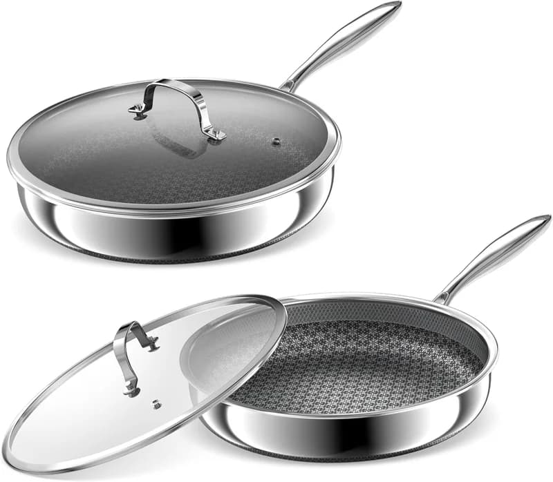 A set of non-stick frying pans, including an 8-inch and a 10-inch pan, which are oven-safe and compatible with induction cookers.