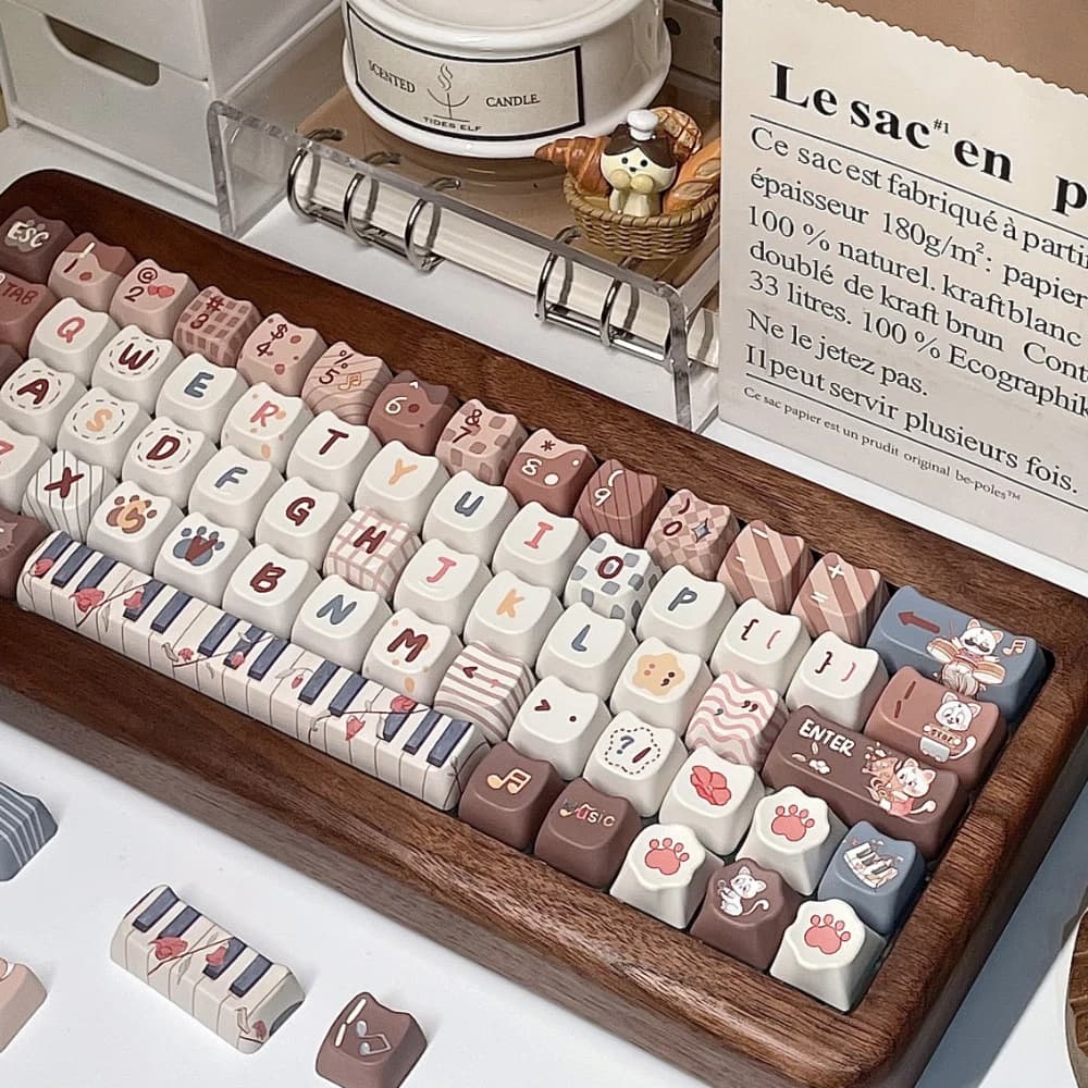 142 Key Mao Keycaps Cat Concert per tastiera meccanica Keycaps Brown Coffee Color 6.25U Piano Key Keycap Cute Cat Keycap