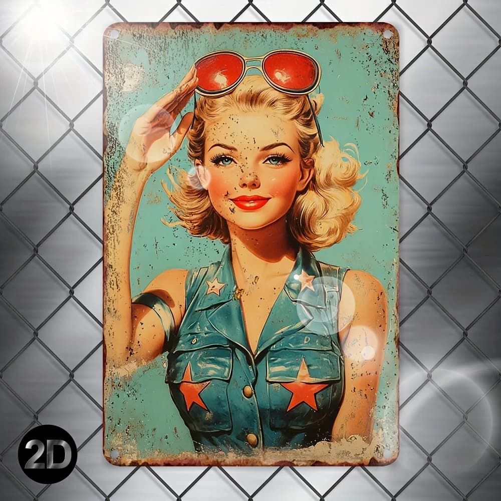 HD Metal Wall Art Poster Retro Vintage Pin Up Girl with Red Sunglasses Saluting American Patriot Stars on Green Jacket 1950s Roc