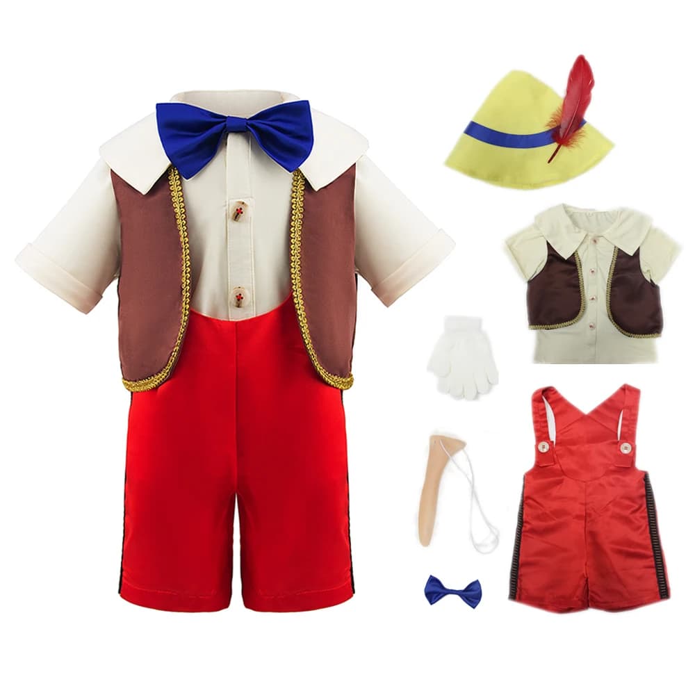 7 pezzi per bambini personaggio fiaba burattino costume cosplay naso lungo ragazzo vestire con accessori vestito di compleanno di carnevale di Halloween