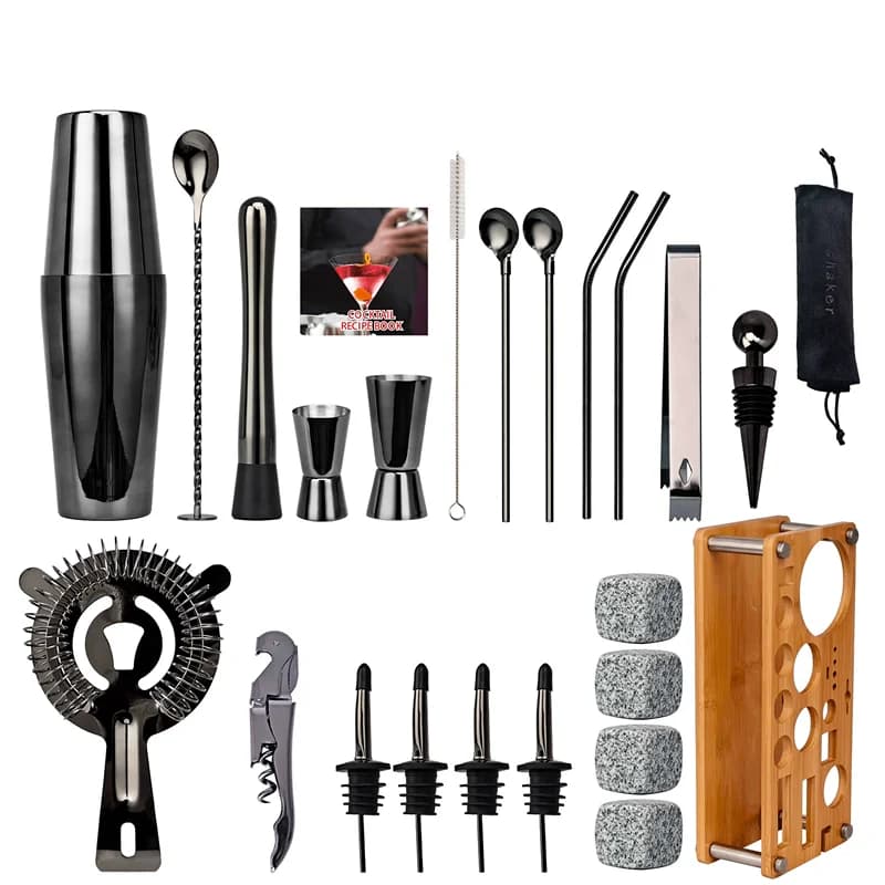 Set di shaker per cocktail con supporto in legno Set di shaker per utensili da bar con strumenti da bar con rack in legno