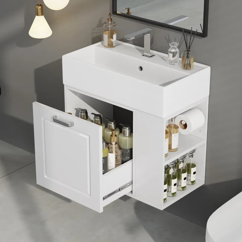 21.8-inch Wall-Mounted Bathroom Vanity with Sink, Floating Cabinet, Single Drawer, Adjustable Shelf, Toilet Paper Holder, Soft-Close Mechanism, White