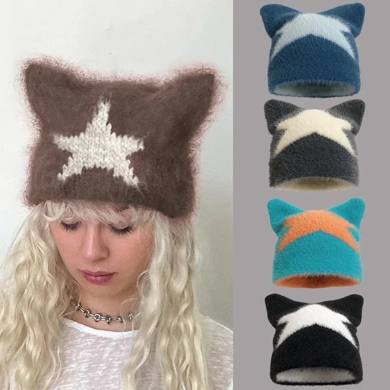 New Y2K Cute Five-pointed Star Contrast Color Stitching Wool Hat 2024 New Style All-match Warm Cat Ear Hat Fashionable Beanies