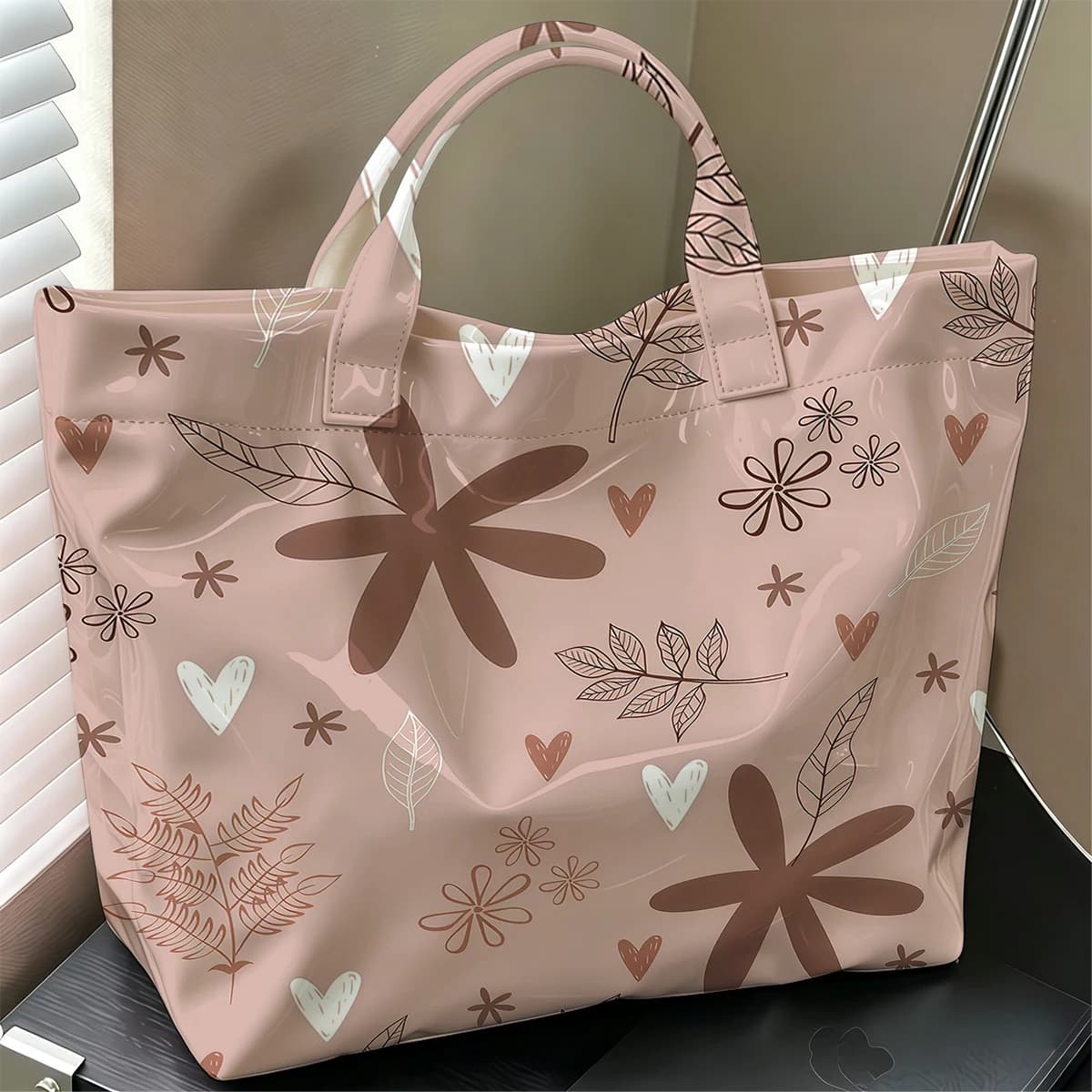Blush FloralS Cute Large Glossy PVC Tote Bag Hand Washable Lightweight Soft Great for Travel Commute Makeup Storage Handbags