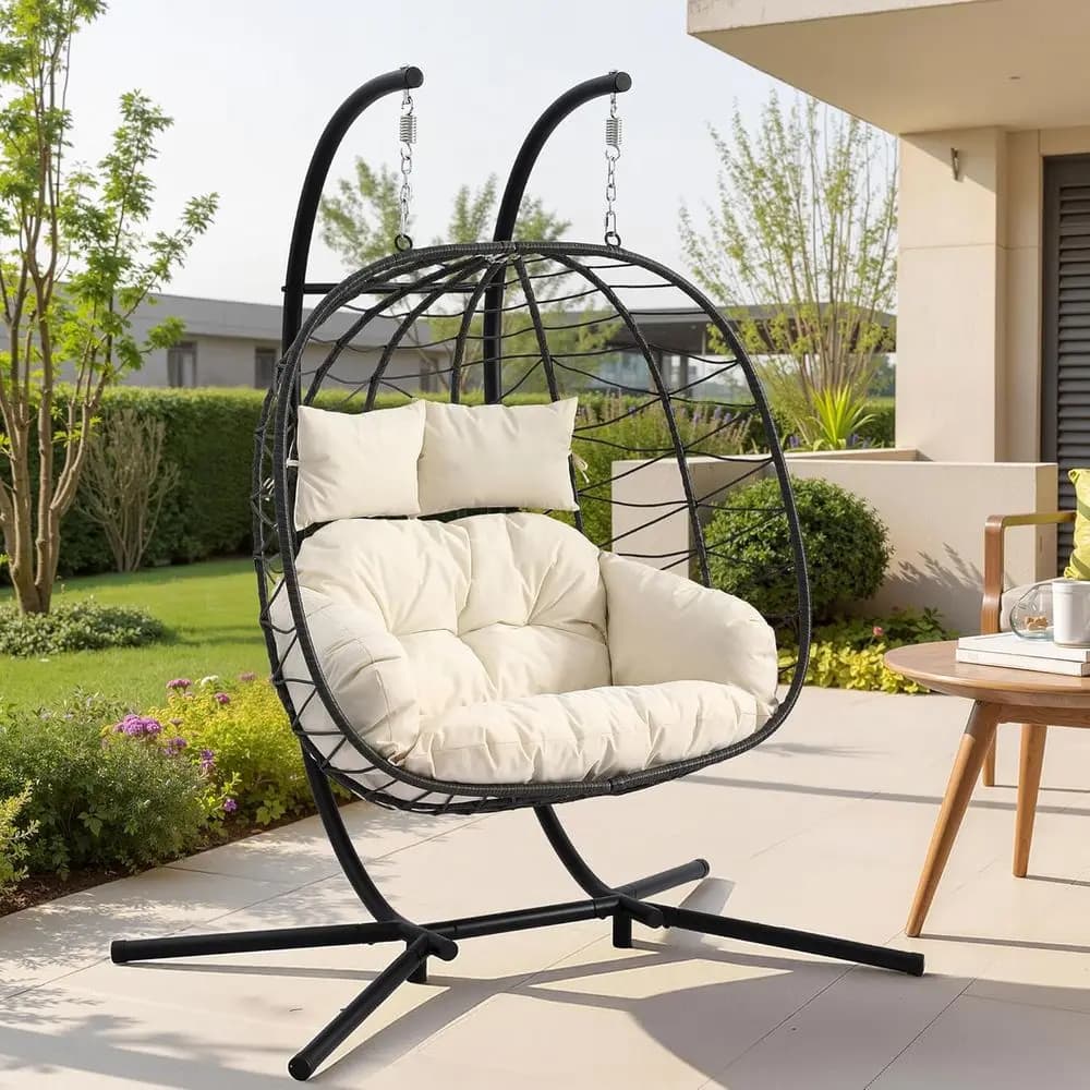 2 Person Wicker Hanging Egg Chair with Waterproof Cushion and Pillows, 650lbs Capacity for Patio, Porch, or Balcony (Beige)