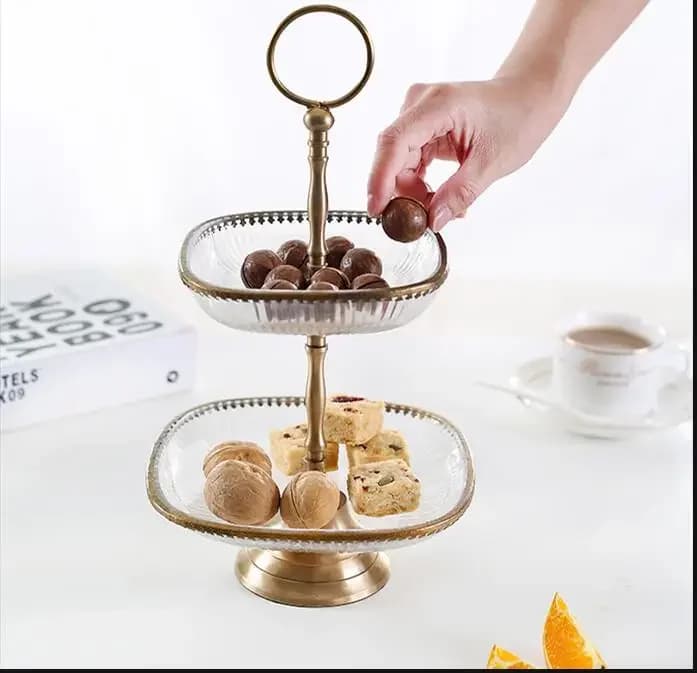Piatto di frutta a due livelli Ciotola di frutta in vetro e ottone Supporto per torta Vassoio per snack Ciotola da dessert Piatto decorativo Piatti di frutta secca Piatto di frutta