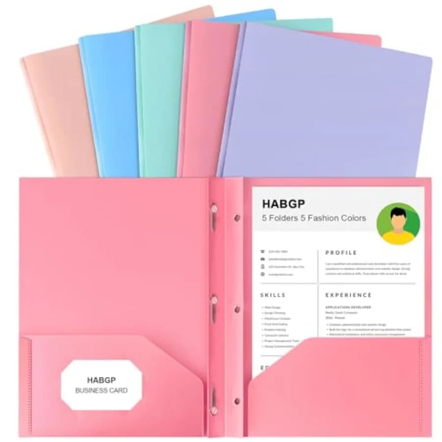 Two Pocket Folder With Prongs 5 Pack, Pastel Colors,Plastic Folders With Pockets and Business Card Holder, Fit Letter Size, for