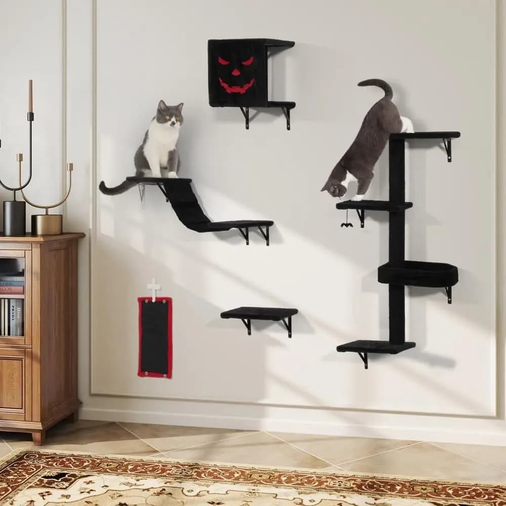 Set Arrampicata per Gatti da Parete in Legno con Mensole, Posatoi, Scala, Cuccia, Tiragraffi e Albero (Nero e Rosso)
