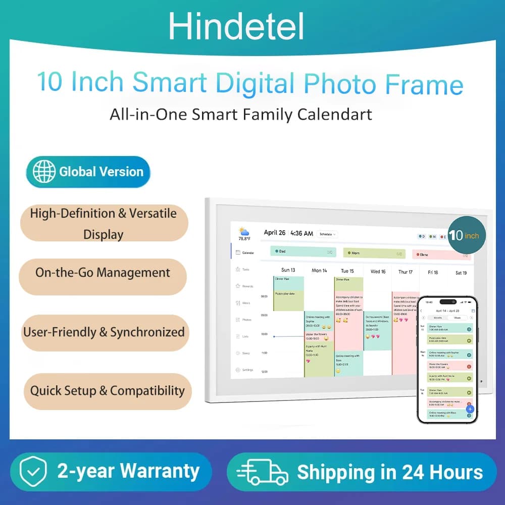 Hindetel Cornice digitale da 10 pollici Calendario perpetuo Grafico dei lavori di lavoro riproduzione fotografica video Display touchscreen intelligente per orari familiari