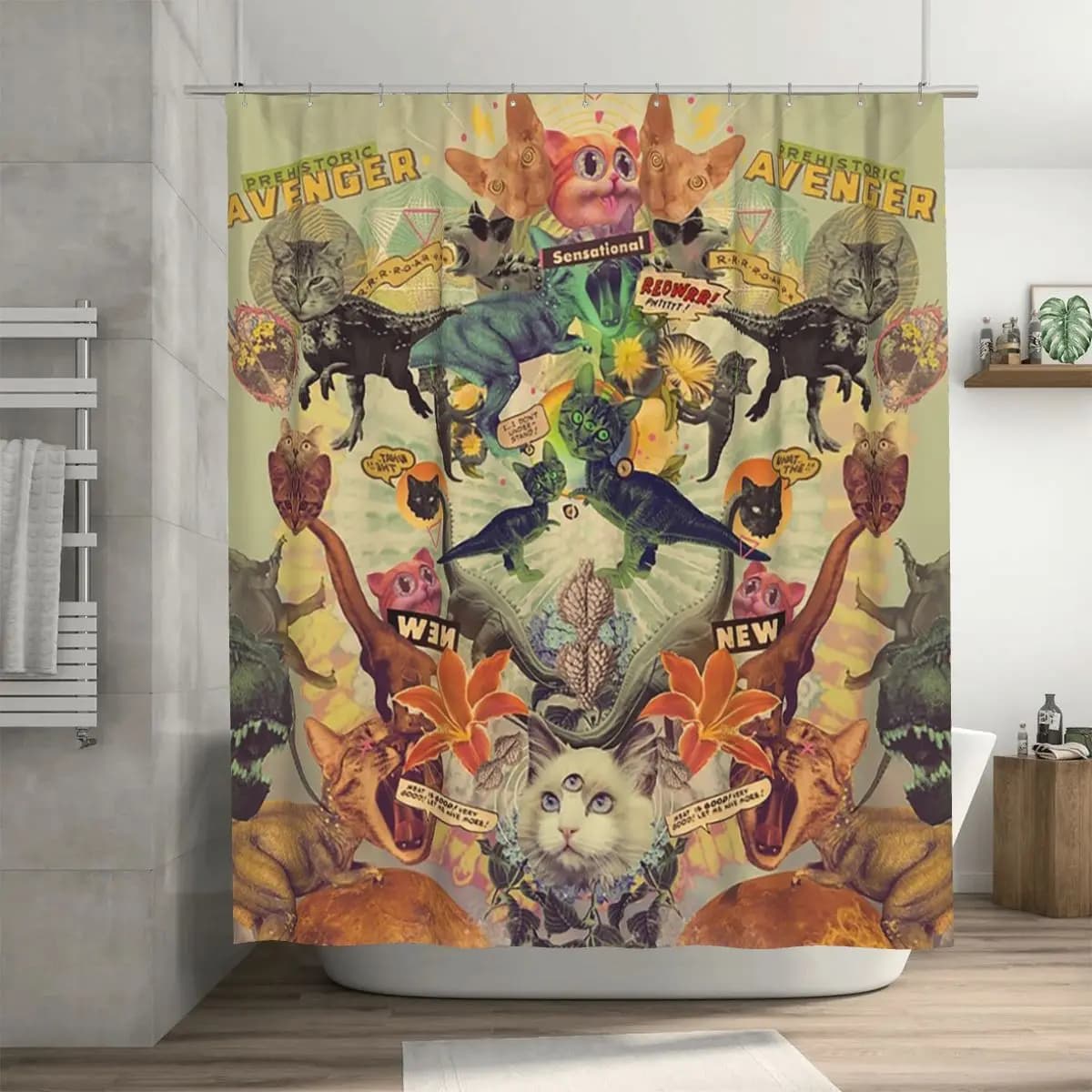 Tenda da doccia Meowosaurus in poliestere impermeabile con ganci
