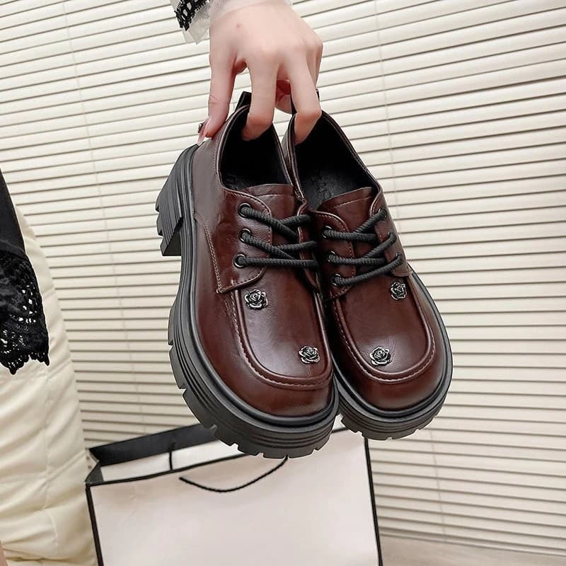 Mocassini con plateau da donna Scarpe Mary Jane stringate stile britannico Scarpe basse con suola robusta Scarpe in pelle Punta tonda Scarpe singole da donna