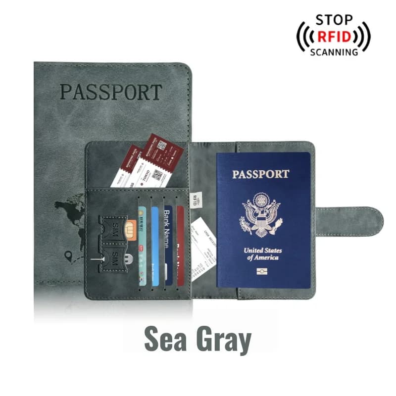 World Map Embossed RFID Blocking Passport Holder PU Leather Travel Wallet Card Cash Organizer Protective Cover for Men & Women