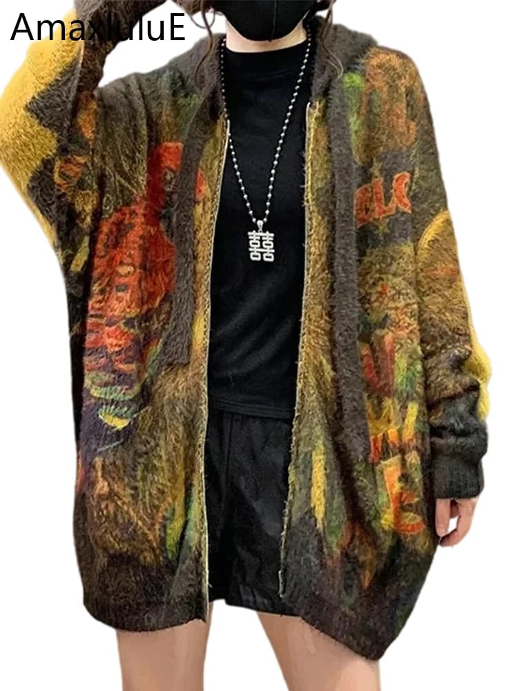Amax luluE 2025 Women Winter Printed Hooded Oversized Cardigans Casual Fashion Warm Sweaters Ladies Vintage Luxury Loose Clothes