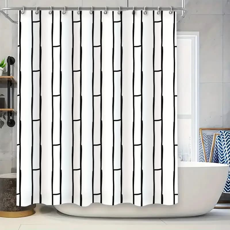 Set di tende da doccia moderne a righe bianche e nere per l'arredamento del bagno Tappetino da bagno impermeabile in tessuto ad asciugatura rapida con ganci Dimensioni personalizzabili