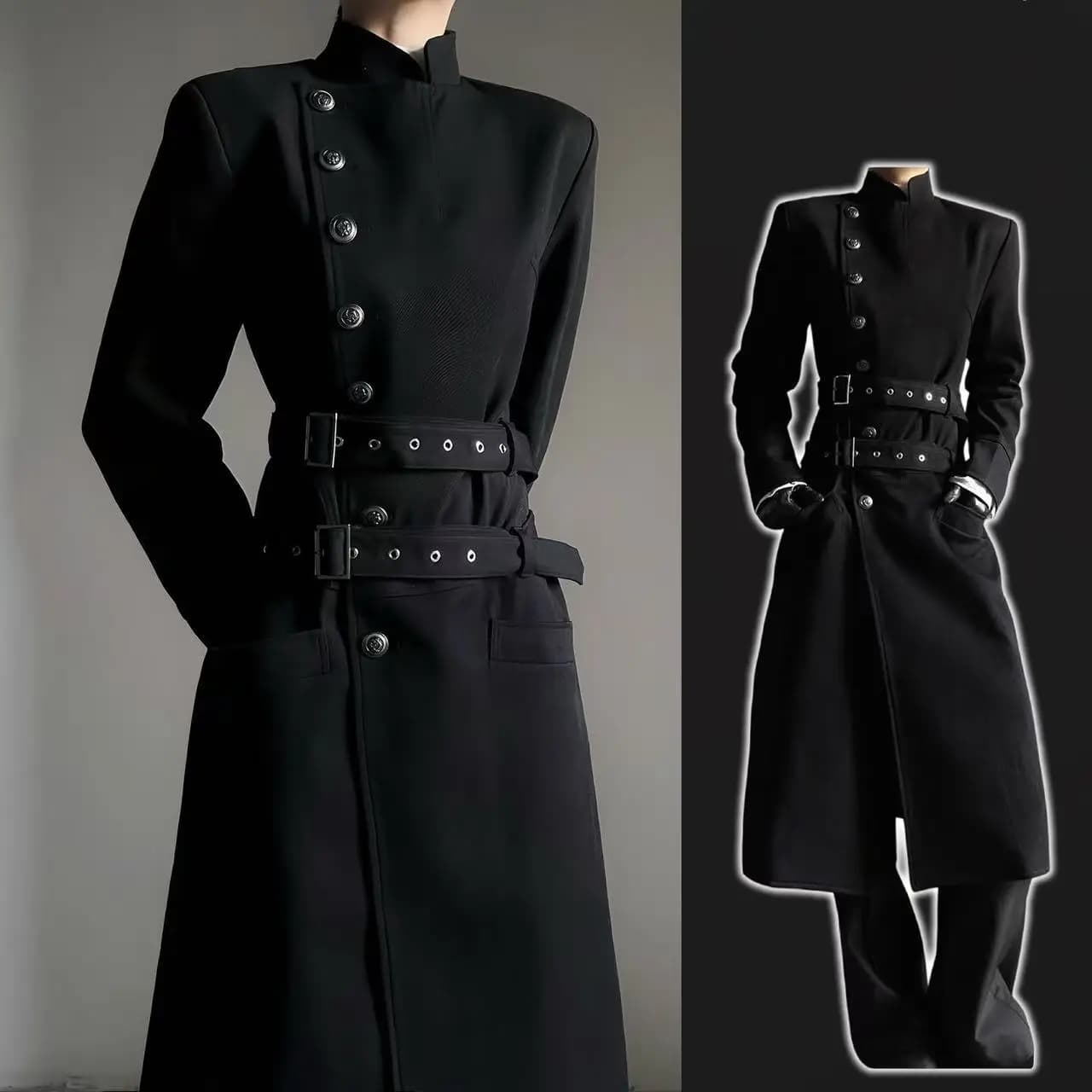 Giacca Lunga da Uomo in Stile Cinese Moderno, con Colletto Rialzato e Risvolto, Slim Fit, Primaverile/Autunnale, Unisex