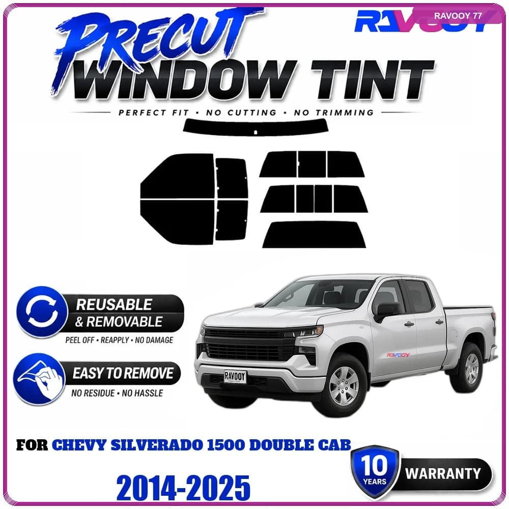 Precut Window Tint, Reusable Removable EPU Film, Custom Fit for Chevy Silverado 1500 Double Cab 2014-2025, UV Heat Protection