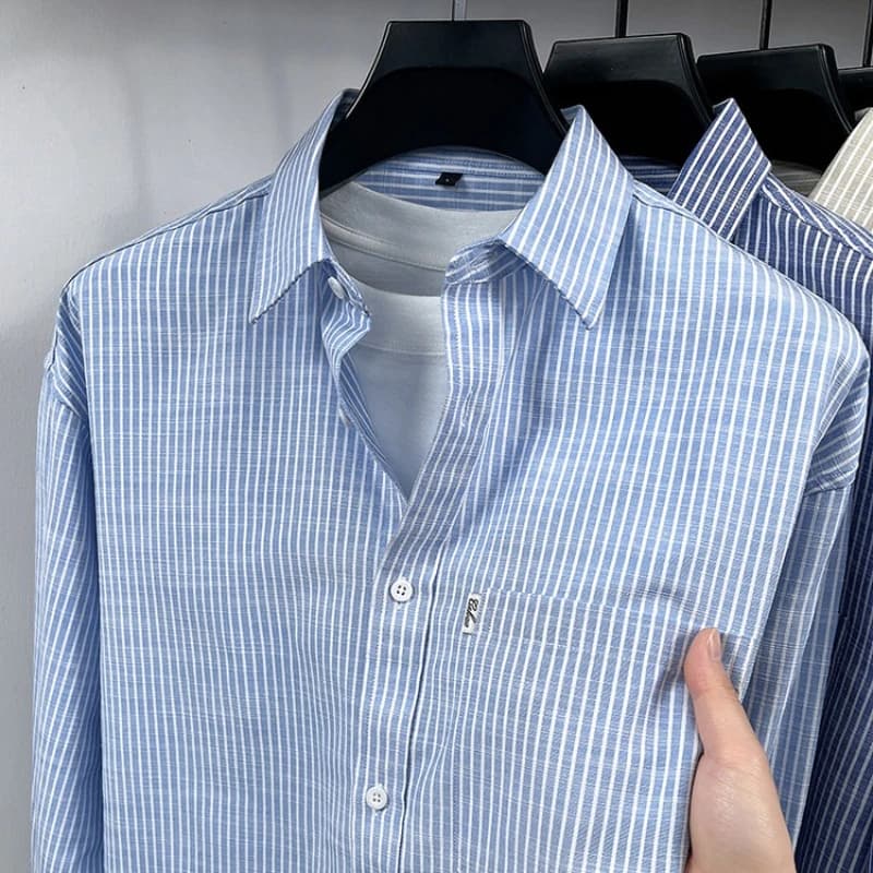 Camicia a righe a maniche lunghe in misto cotone e lino da uomo | Design con Colletto a Tacca | Abbigliamento casual da lavoro per il pendolarismo quotidiano