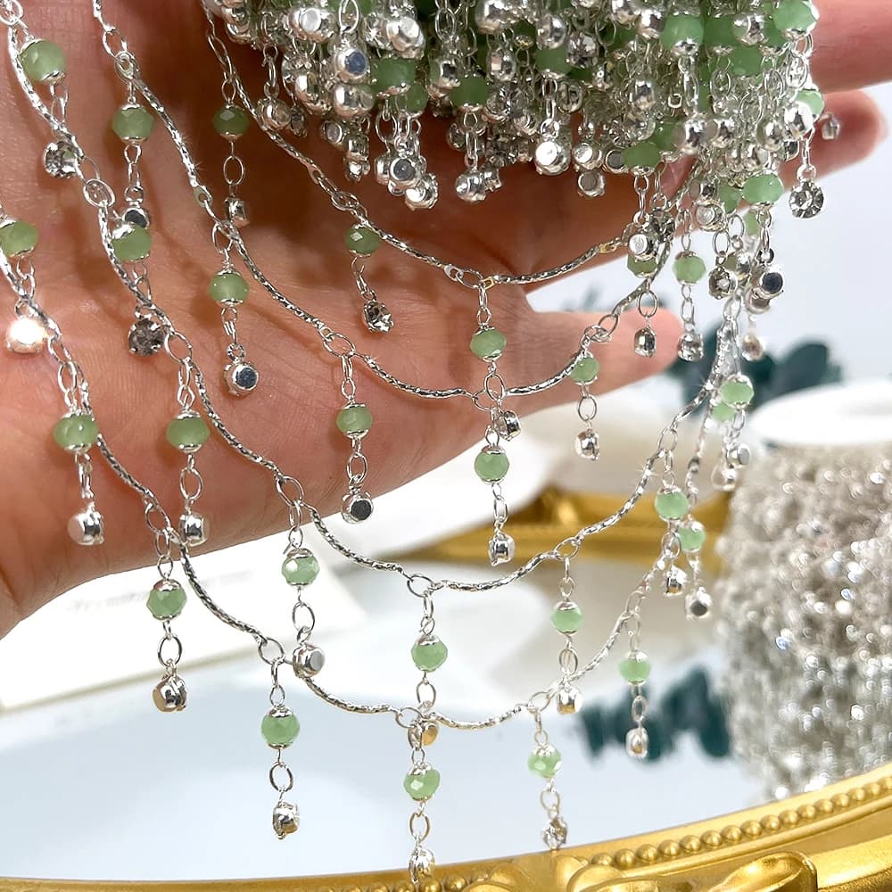 0.5Meter 1Meter Green Crystal Glass Lantern Beads Charm Copper Chain DIY Necklace Bracelet Beaded Chain Jewelry Making Materials