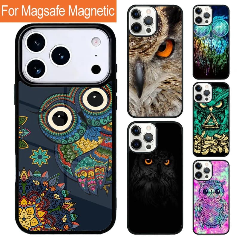 Custodia Magnetica Wireless per iPhone 17 Pro 16 15 13 12 11 Pro Max Air 14 Plus con MagSafe, Design Uccello Gufo Predatore Naturale
