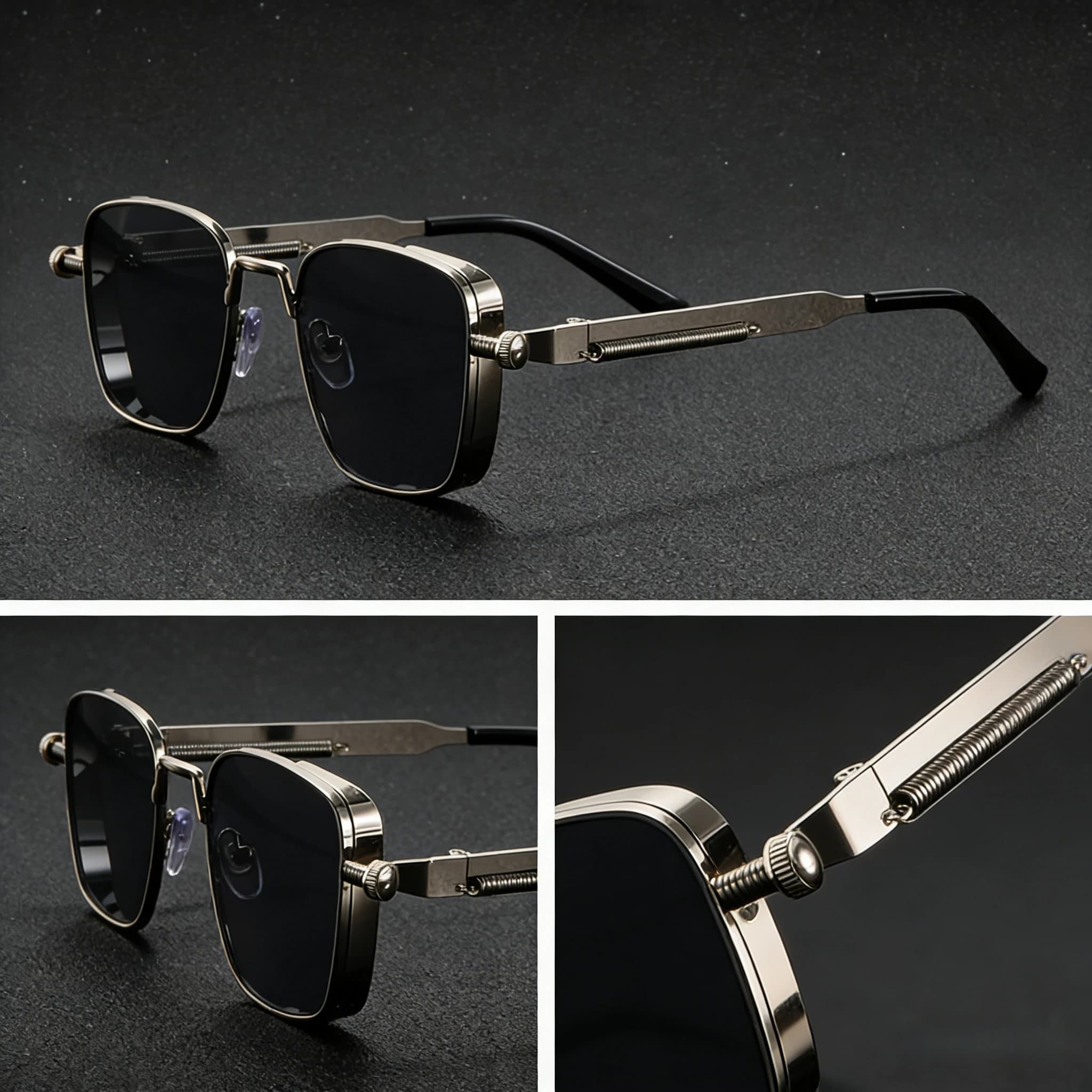 Occhiali da sole vintage quadrati con design a rete ispirato alla moda street europea e americana, unisex, con lenti scure.