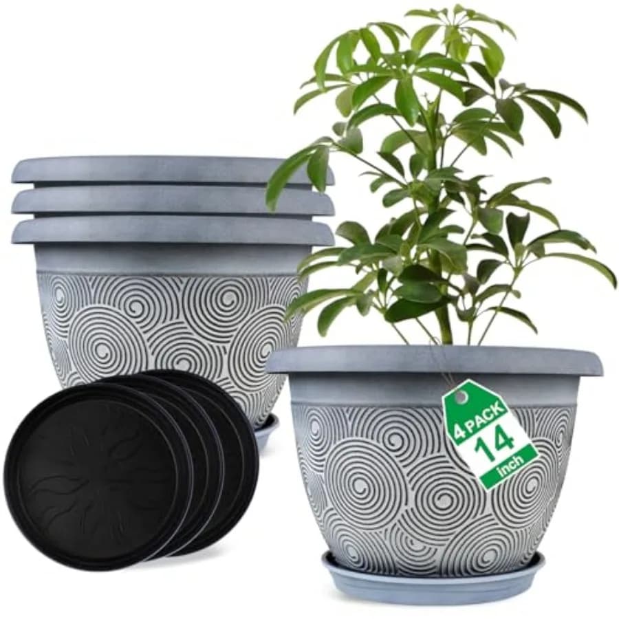 Vaso per Piante da 14 Pollici, Set di 4 Vasi in Plastica per Interni ed Esterni con Foro di Drenaggio e Sottovaso, Moderni e Decorativi