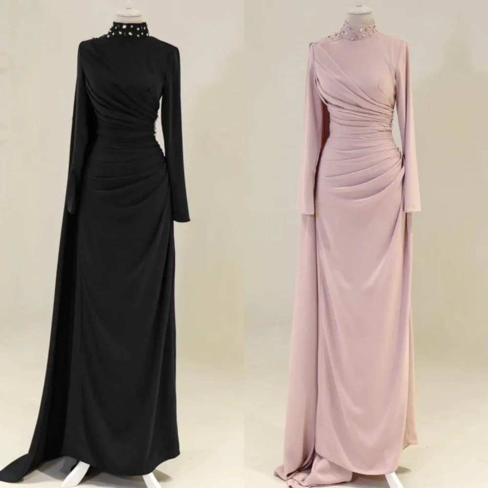 Long dresses with high straight collar and rhinestones draped in exquisite jersey matched to size custom tailored ceremonial dresses