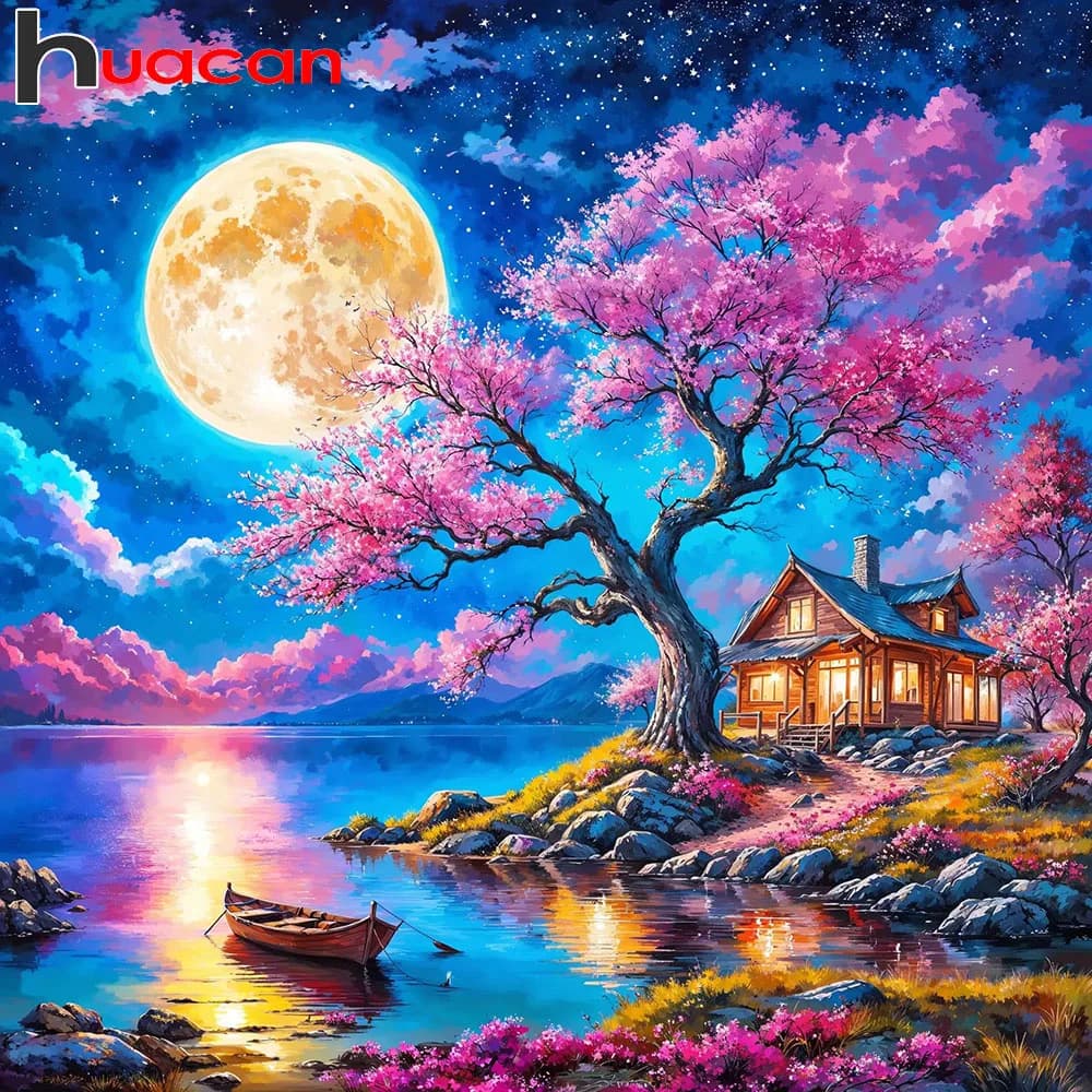 New Arrivals Huacan 2026: Diamond Painting Kit with Night Landscape, Prugna House and Tree, Diamond Mosaic